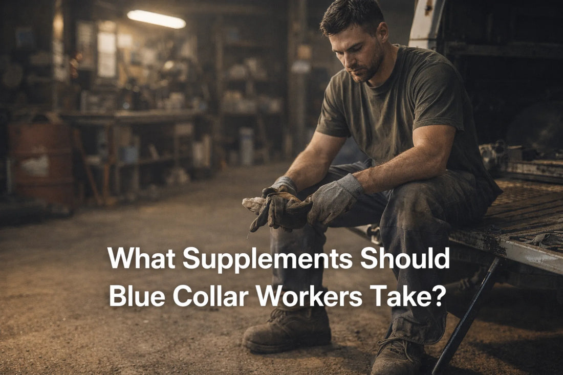 Dirty Working Man Sitting Down In A Workshop With Text Overlay Saying 'What Supplements Should Blue Collar Workers Take?'