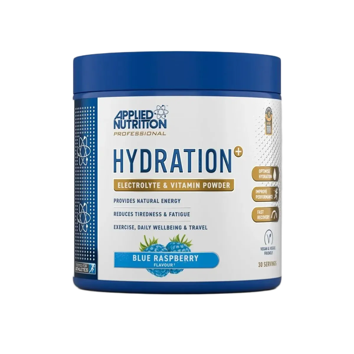 A tub of applied nutrition hydration powder in blue raspberry flavour on a transparent background