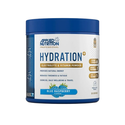 A tub of applied nutrition hydration powder in blue raspberry flavour on a transparent background