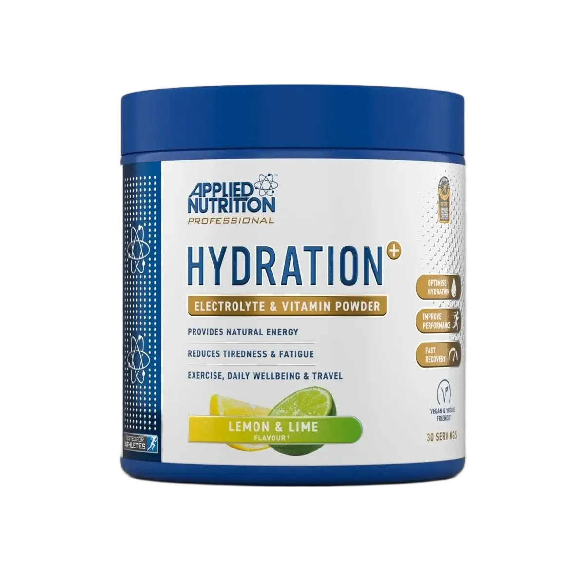 A tub of applied nutrition hydration powder in lemon & lime flavour on a transparent background
