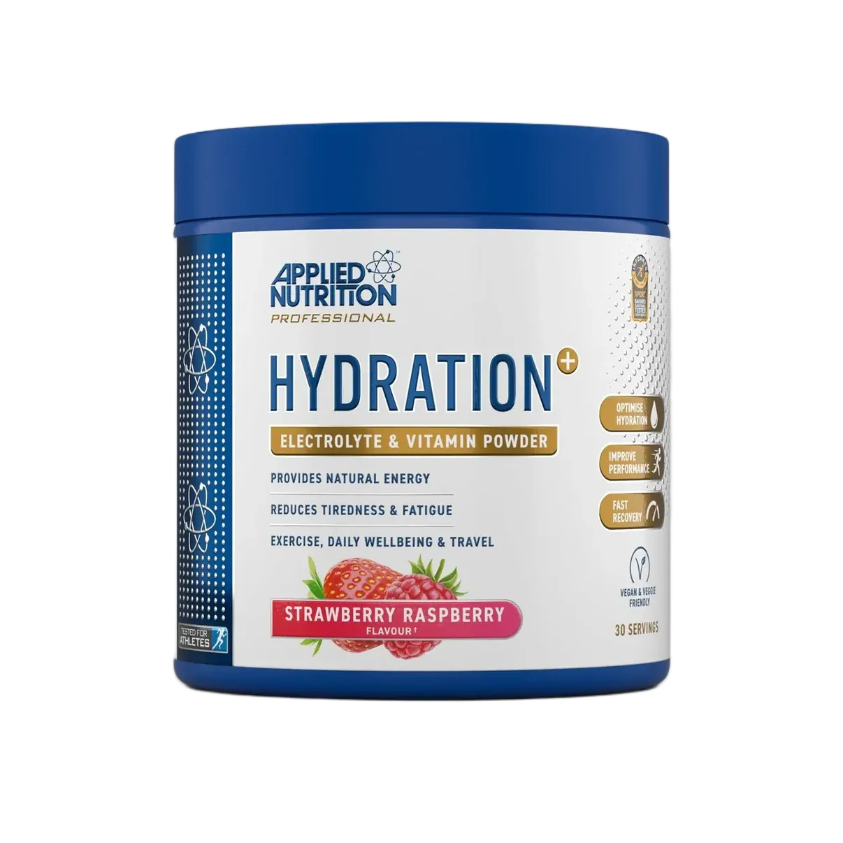 A tub of applied nutrition hydration powder in strawberry raspberry flavour on a transparent background