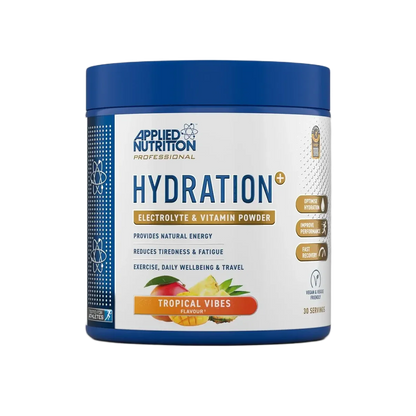 A tub of applied nutrition hydration powder in tropical vibes flavour on a transparent background